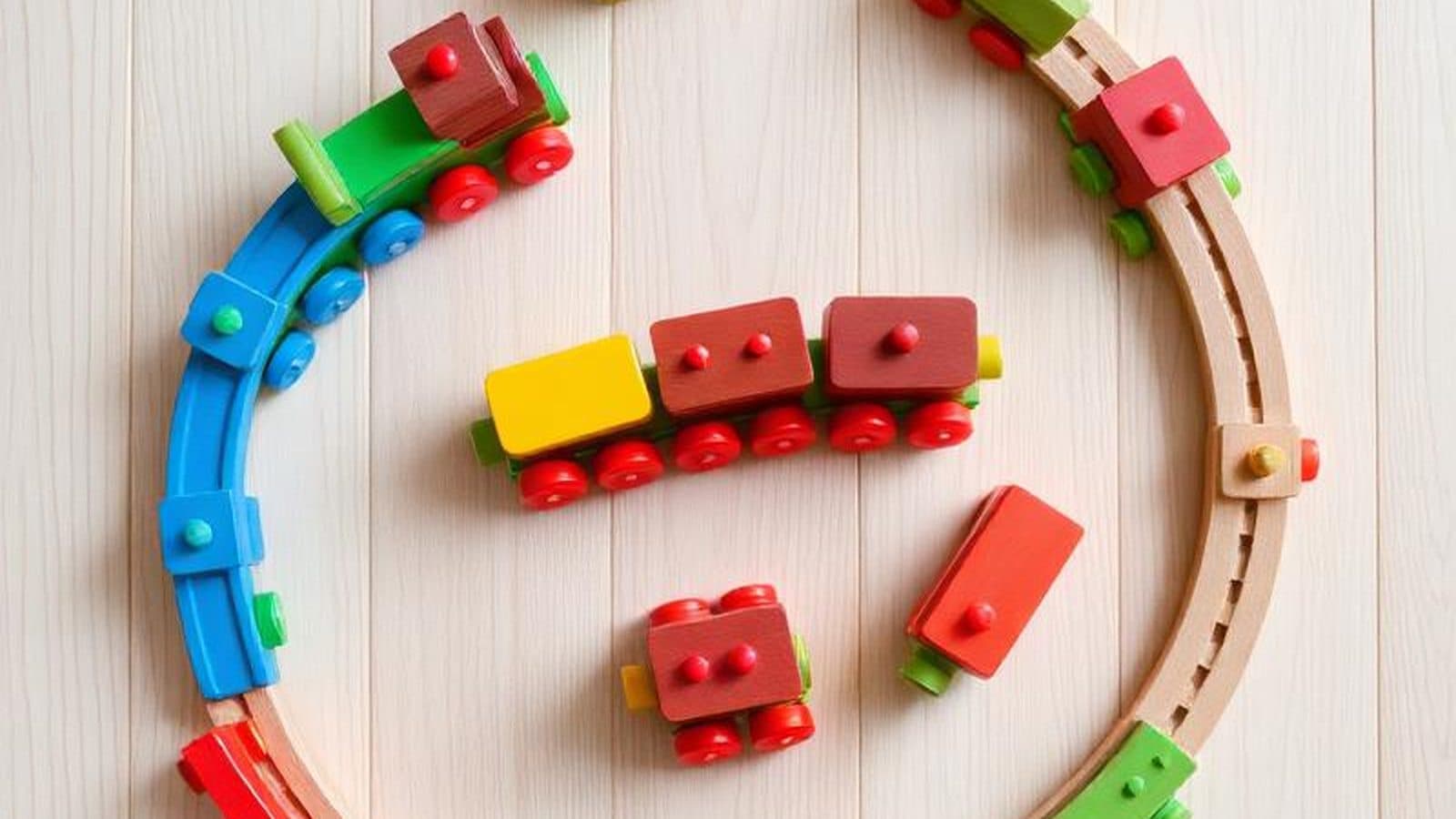 A wooden toy train on a plain background