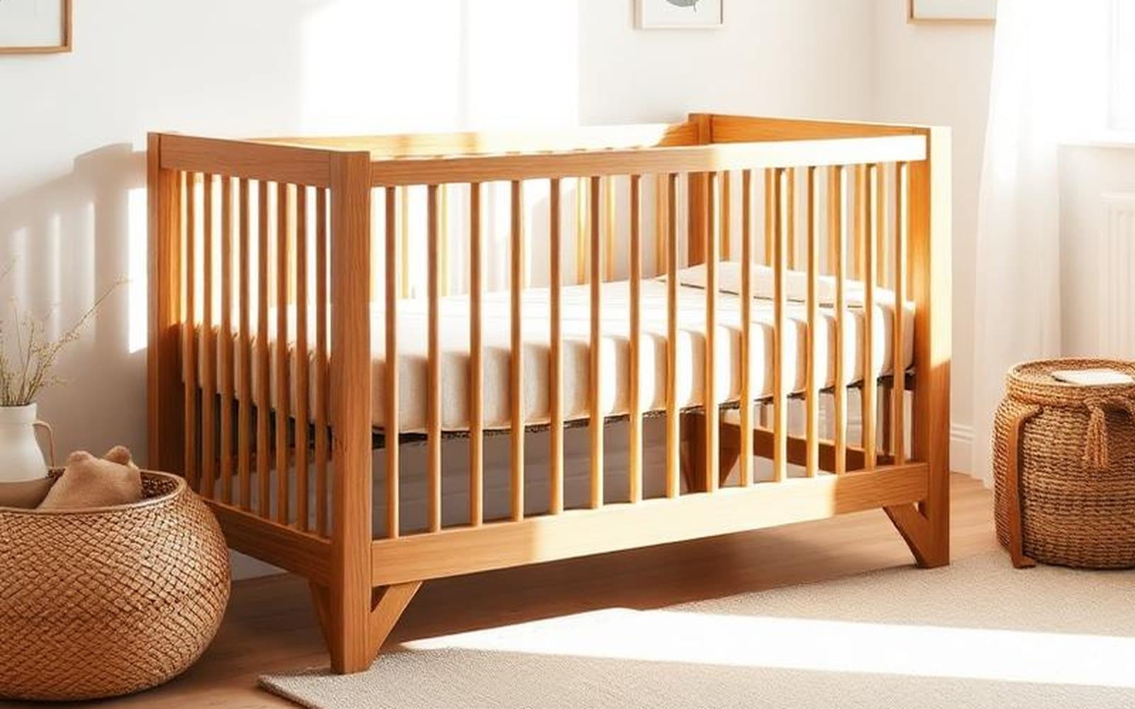 A wooden cot in a sunlit nursery, photographed whole